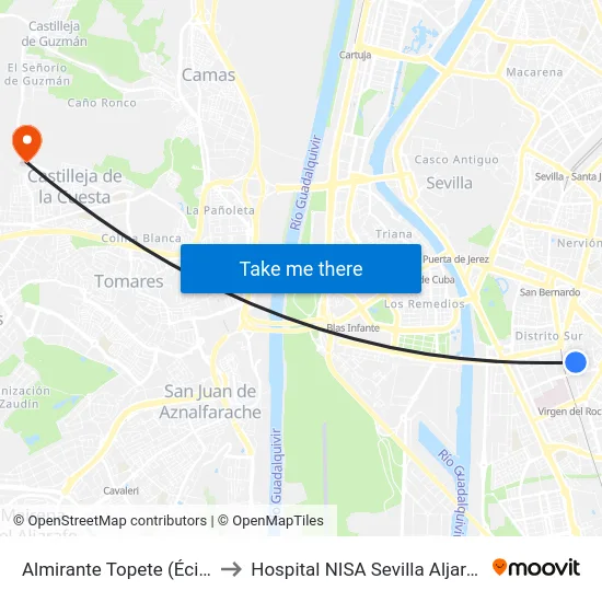 Almirante Topete (Écija) to Hospital NISA Sevilla Aljarafe map