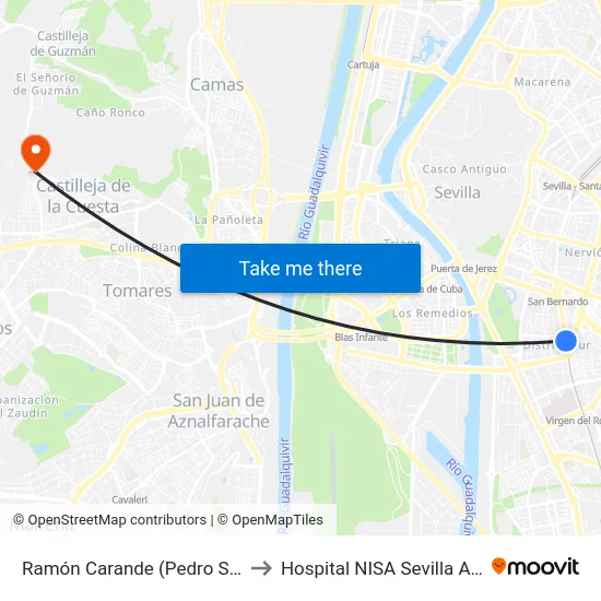 Ramón Carande (Pedro Salinas) to Hospital NISA Sevilla Aljarafe map