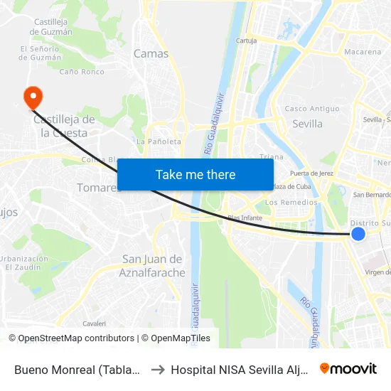 Bueno Monreal (Tabladilla) to Hospital NISA Sevilla Aljarafe map