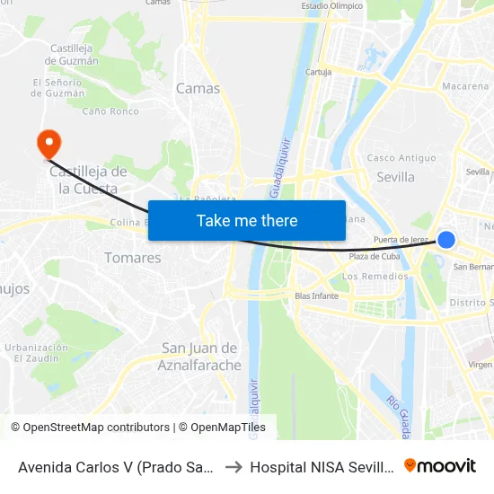 Avenida Carlos V (Prado San Sebastián) to Hospital NISA Sevilla Aljarafe map
