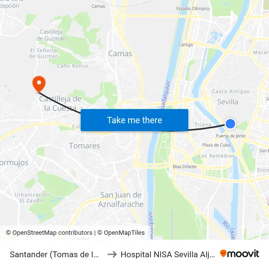Santander (Tomas de Ibarra) to Hospital NISA Sevilla Aljarafe map