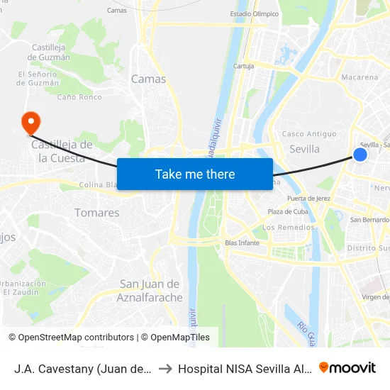 J.A. Cavestany (Juan de Vera) to Hospital NISA Sevilla Aljarafe map