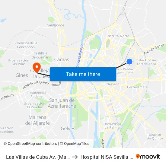Las Villas de Cuba  Av. (Macedonia) to Hospital NISA Sevilla Aljarafe map