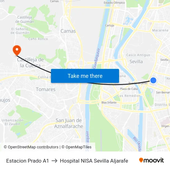 Estacion Prado A1 to Hospital NISA Sevilla Aljarafe map