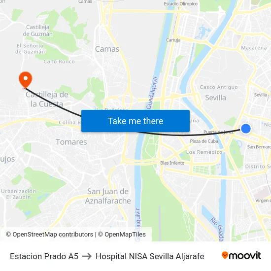 Estacion Prado A5 to Hospital NISA Sevilla Aljarafe map