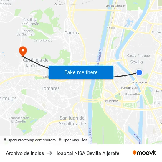 Archivo de Indias to Hospital NISA Sevilla Aljarafe map