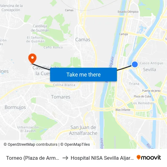 Torneo (Plaza de Armas) to Hospital NISA Sevilla Aljarafe map