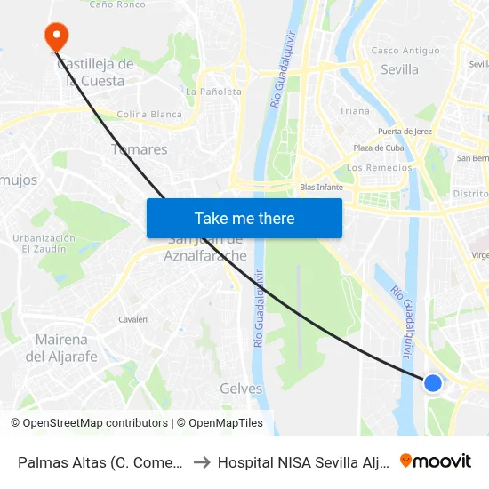Palmas Altas (C. Comercial) to Hospital NISA Sevilla Aljarafe map