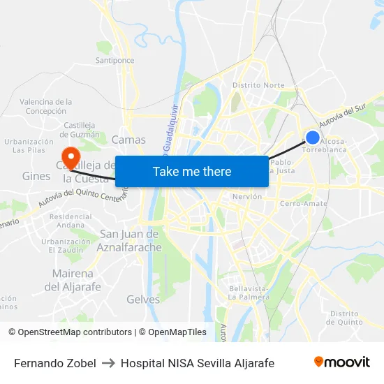 Fernando Zobel to Hospital NISA Sevilla Aljarafe map
