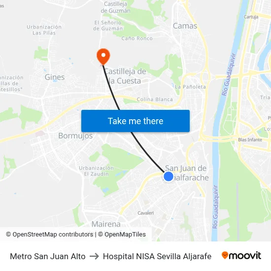 Metro San Juan Alto to Hospital NISA Sevilla Aljarafe map