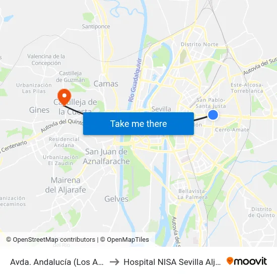 Avda. Andalucía (Los Arcos) to Hospital NISA Sevilla Aljarafe map