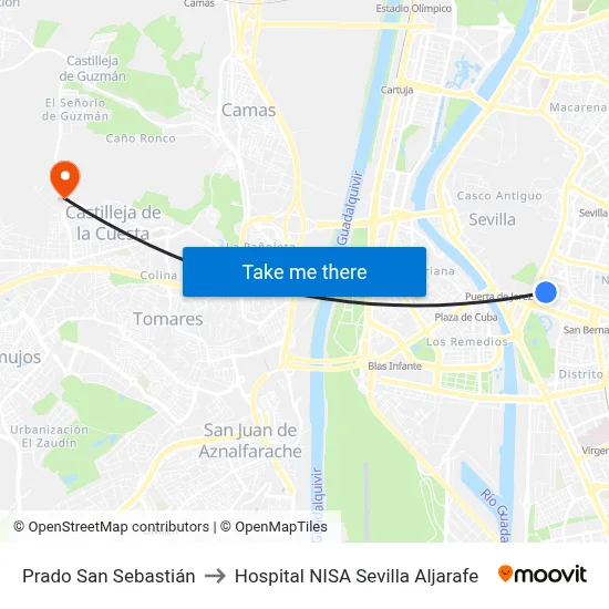 Prado San Sebastián to Hospital NISA Sevilla Aljarafe map
