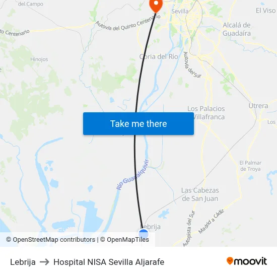 Lebrija to Hospital NISA Sevilla Aljarafe map