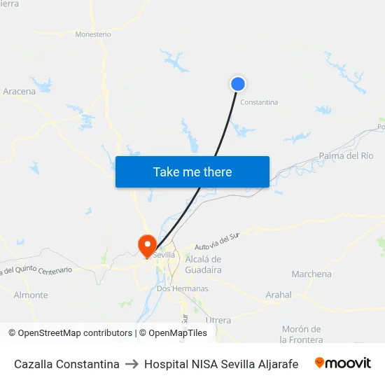Cazalla Constantina to Hospital NISA Sevilla Aljarafe map