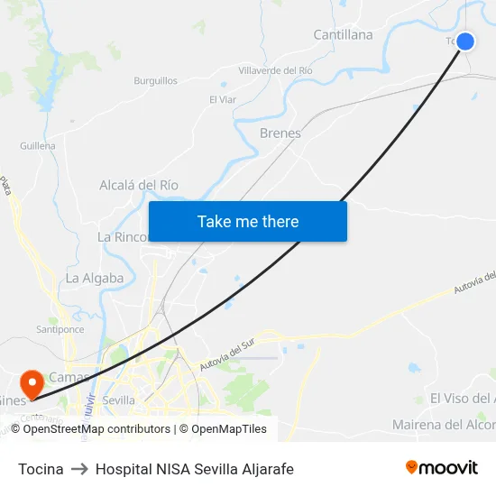 Tocina to Hospital NISA Sevilla Aljarafe map