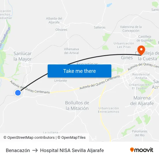 Benacazón to Hospital NISA Sevilla Aljarafe map