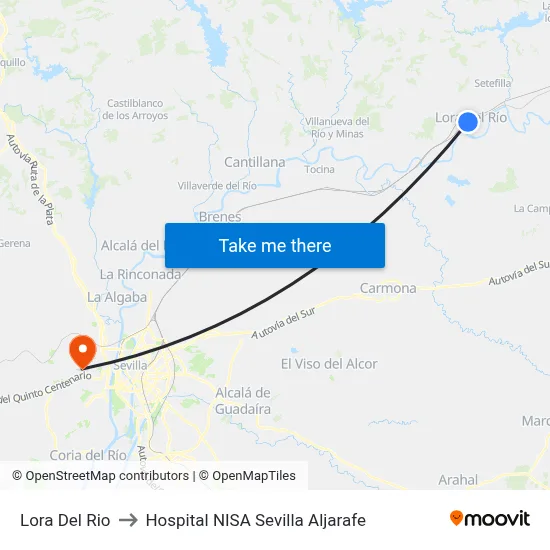 Lora Del Rio to Hospital NISA Sevilla Aljarafe map