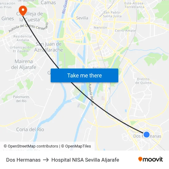 Dos Hermanas to Hospital NISA Sevilla Aljarafe map