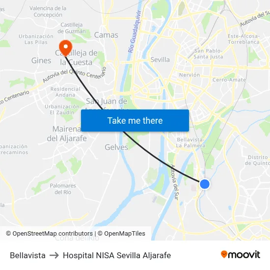 Bellavista to Hospital NISA Sevilla Aljarafe map