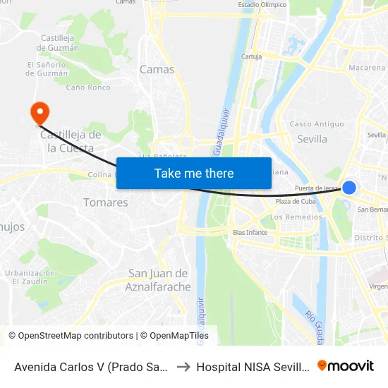 Avenida Carlos V (Prado San Sebastián) to Hospital NISA Sevilla Aljarafe map