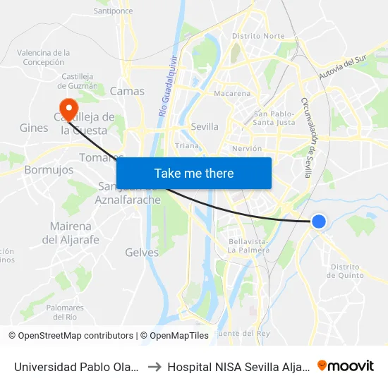 Universidad Pablo Olavide to Hospital NISA Sevilla Aljarafe map