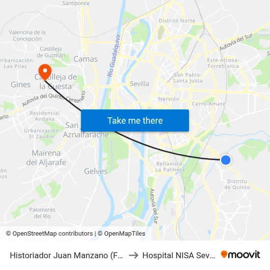 Historiador Juan Manzano (Fdo. Magallanes) to Hospital NISA Sevilla Aljarafe map