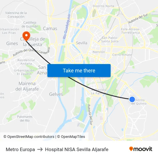 Metro Europa to Hospital NISA Sevilla Aljarafe map