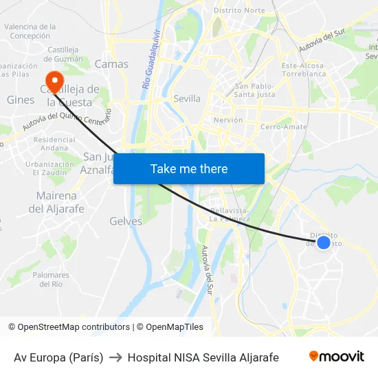 Av Europa (París) to Hospital NISA Sevilla Aljarafe map