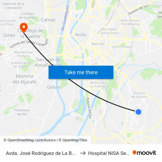 Avda. José Rodríguez de La Borbolla (Edif. Abelia) to Hospital NISA Sevilla Aljarafe map