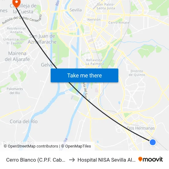 Cerro Blanco (C.P.F. Caballero) to Hospital NISA Sevilla Aljarafe map