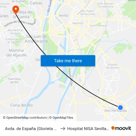 Avda. de España (Glorieta de Aragón) to Hospital NISA Sevilla Aljarafe map