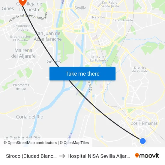 Siroco (Ciudad Blanca) to Hospital NISA Sevilla Aljarafe map