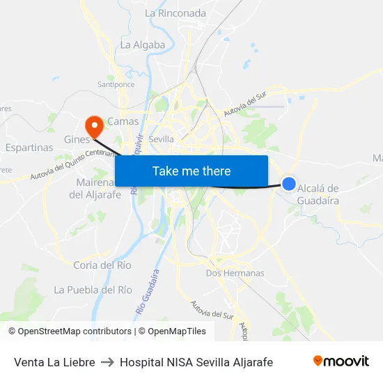 Venta La Liebre to Hospital NISA Sevilla Aljarafe map