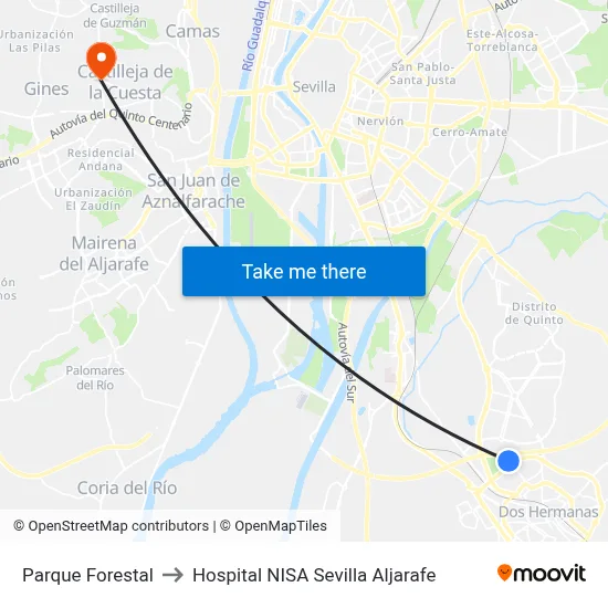 Parque Forestal to Hospital NISA Sevilla Aljarafe map