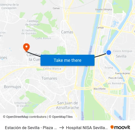 Estación de Sevilla - Plaza de Armas to Hospital NISA Sevilla Aljarafe map