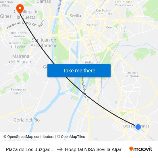 Plaza de Los Juzgados to Hospital NISA Sevilla Aljarafe map