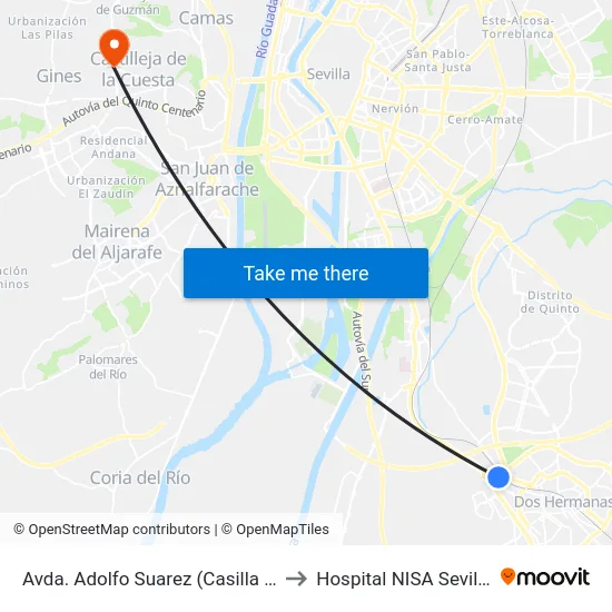 Avda. Adolfo Suarez (Casilla de Los Pinos) to Hospital NISA Sevilla Aljarafe map