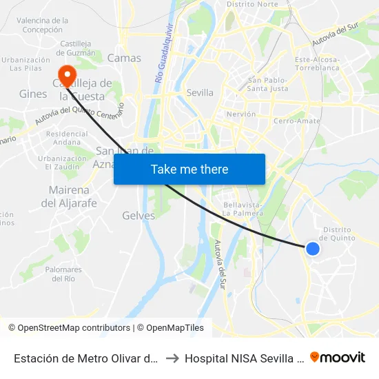 Estación de Metro Olivar de Quintos to Hospital NISA Sevilla Aljarafe map