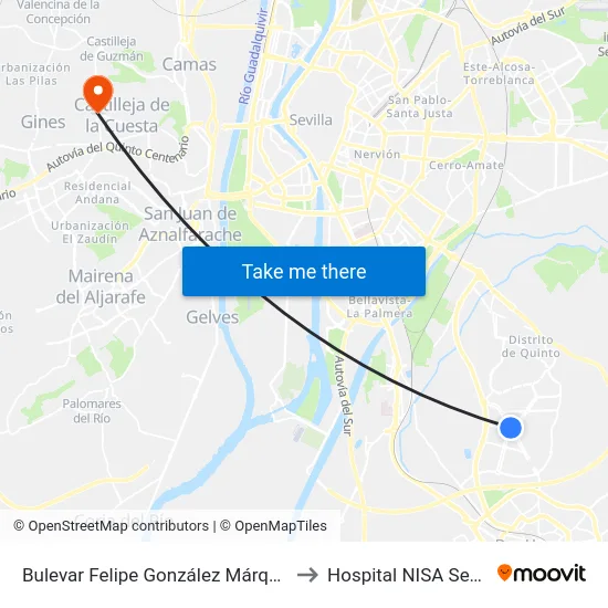 Bulevar Felipe González Márquez (Entrenúcleos) to Hospital NISA Sevilla Aljarafe map