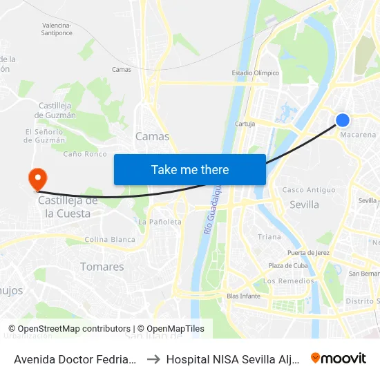 Avenida Doctor Fedriani 10 to Hospital NISA Sevilla Aljarafe map