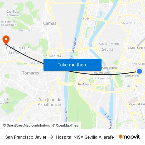 San Francisco Javier to Hospital NISA Sevilla Aljarafe map