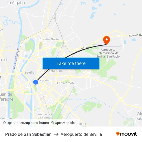 Prado de San Sebastián to Aeropuerto de Sevilla map