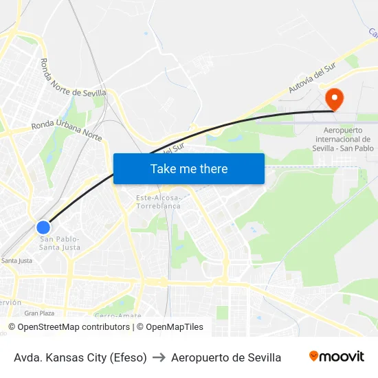 Avda. Kansas City (Efeso) to Aeropuerto de Sevilla map