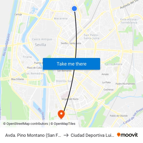 Avda. Pino Montano (San Felipe Neri) to Ciudad Deportiva Luis del Sol map