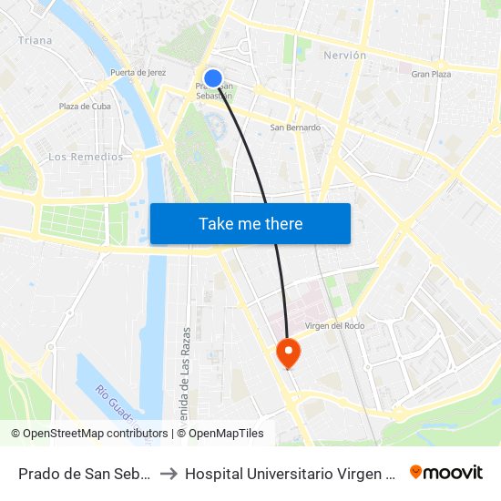 Prado de San Sebastián to Hospital Universitario Virgen del Rocío map