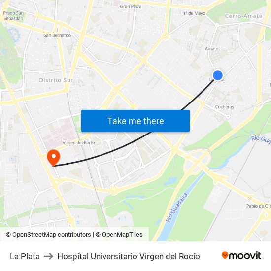 La Plata to Hospital Universitario Virgen del Rocío map