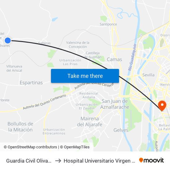 Guardia Civil Olivares (V) to Hospital Universitario Virgen del Rocío map