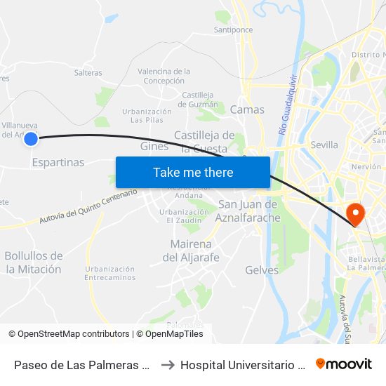Paseo de Las Palmeras Frente Gasolinera to Hospital Universitario Virgen del Rocío map