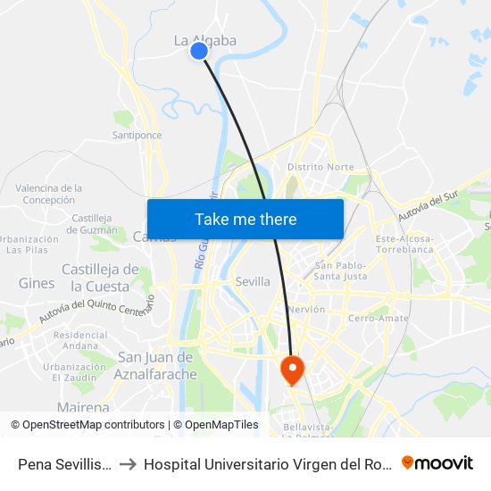 Pena Sevillista to Hospital Universitario Virgen del Rocío map