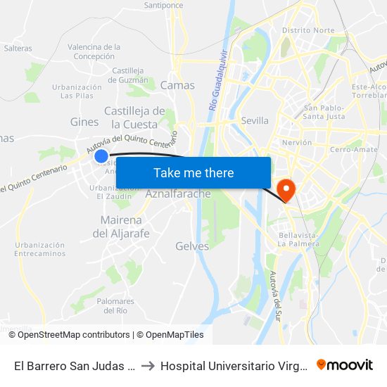 El Barrero San Judas Tadeo (V) to Hospital Universitario Virgen del Rocío map